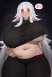  azur_lane belly_grab black_pants black_sweater breasts clothes_lift curvy grabbing grabbing_another&#039;s_breast graf_zeppelin_(azur_lane) grey_hair hair_between_eyes highres huge_breasts large_breasts long_hair navel pants plump red_eyes roresu spoken_blush sweater sweater_lift thick_eyebrows very_long_hair white_hair yoga_pants 