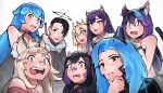  1boy 6+girls absurdres akuma_nihmune animal_ears bandaid bandaid_on_face bandaid_on_nose bao_(vtuber) black_hair blonde_hair blue_hair blunt_bangs cat_ears cat_girl cat_tail choker commentary demon_girl demon_horns english_commentary fox_ears fox_girl hair_between_eyes halo highres horns indie_virtual_youtuber long_hair looking_at_viewer mika_moonlight mole mole_under_eye multiple_girls open_mouth purple_hair rainhoe rpr sanagi_yuzu scarz shirahiko_(vtuber) short_hair simple_background tail teeth tongue virtual_youtuber white_background yellow_eyes zepocketdroid 