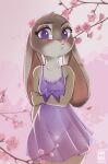  accessory anthro blush bow_(feature) breasts cherry_blossom cherry_blossom_tree cherry_tree clothed clothing digital_media_(artwork) disney eyelashes female flower flower_in_hair fruit_tree fur genitals grey_body grey_fur hair hair_accessory hi_res judy_hopps lagomorph leporid lingerie looking_at_viewer mammal navel nipple_outline nipples outside plant purple_clothing purple_eyes purple_topwear pussy rabbit rin_tyan solo topwear translucent translucent_clothing tree zootopia 