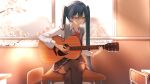  1girl acoustic_guitar backlighting black_skirt black_thighhighs blue_eyes blue_nails blurry cherry_blossoms collared_shirt crypton_future_media depth_of_field desk guitar hatsune_miku instrument interior light_rays long_hair looking_at_object music on_desk open_mouth playing_instrument pleated_skirt red_ribbon reirou_(chokoonnpu) ribbon school_uniform shirt sitting sitting_on_desk skirt solo sunbeam sunlight sweater_vest thighhighs twintails very_long_hair vocaloid 