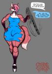  (oc) absurd_res anthro blue_clothing blue_dress blue_eyes bulge canid canine clothing corpse_eater cyberpunk dress footwear fox girly gun hair hi_res high_heels male mammal one-piece_dress pink_body pink_hair ranged_weapon solo sterling thick_thighs weapon 