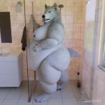  2023 3d_(artwork) against_surface anthro bathroom bathroom_floor bathroom_sink bathroom_wall belly belly_on_glass belly_overhang belly_play belly_squish big_belly big_butt big_moobs black_nails butt canid canine canis cheek_tuft claws colored_nails digital_media_(artwork) facial_tuft fangs fat_arms fat_rolls fluffy fur glass_surface hand_on_stomach hi_res huge_belly inside looking_at_viewer male mammal moobs nails navel nude obese obese_anthro obese_male on_glass open_mouth overweight overweight_anthro overweight_male pose pressing_against rawethewolf reflection solo squish standing teeth thick_arms thick_thighs tuft white_body white_fur wolf yellow_eyes 
