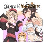  3girls ahoge alternate_costume bandages black_dress black_hair black_sleeves blonde_hair blush bow bowtie breasts china_dress chinese_clothes closed_mouth collar commentary_request cross cross_earrings detached_collar detached_sleeves double_bun dress earrings fang flat_chest hair_bun halloween halloween_costume happy_halloween hat jack-o&#039;-lantern jewelry jiangshi_costume kaito_(kaito921125) kuusou_code_plus large_breasts light_brown_hair long_hair looking_at_viewer medium_bangs multiple_girls mummy_costume naked_bandage natori_sana navel ofuda open_mouth pink_nails pointy_ears qing_guanmao red_bow red_bowtie red_eyes red_headwear saigou_r_irori sana_channel short_bangs short_hair sleeves_past_fingers sleeves_past_wrists smile thick_eyebrows upper_body virtual_youtuber white_collar yoruno_tobari 