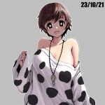  1girl alternate_costume animal_print bare_shoulders blush breasts bright_pupils brown_hair collarbone cow_print dated highres idolmaster idolmaster_cinderella_girls koitusmile large_breasts long_sleeves looking_at_viewer loose_clothes loose_shirt oikawa_shizuku shirt short_hair simple_background sleeves_past_wrists smile solo upper_body 