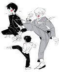  3boys closed_mouth commentary english_commentary formal full_body gakuran greyscale hand_up highres jacket kageyama_ritsu kageyama_shigeo kicking long_sleeves male_focus mob_psycho_100 monochrome mp100days multiple_boys necktie pants reigen_arataka school_uniform shoes short_hair simple_background spot_color standing standing_on_one_leg suit white_background 