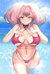  1girl :p ass_visible_through_thighs azur_lane bangs bare_shoulders bikini blue_sky blush breasts bremerton_(azur_lane) choker cleavage cloud collarbone commentary_request cowboy_shot day grey_hair groin hair_between_eyes hair_intakes hands_on_own_chest highres large_breasts lifebuoy_ornament light_rays long_hair looking_at_viewer mole mole_on_breast mole_under_eye multicolored_hair navel navel_piercing no_mole ocean outdoors piercing pink_bikini pink_eyes pink_hair side-tie_bikini_bottom sidelocks sky smile solo standing stomach streaked_hair sunbeam sunlight swimsuit t.o_(uiop789123456) tongue tongue_out twintails two-tone_hair wading wet 