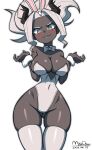  1girl absurdres animal_ears ass_visible_through_thighs black_skin blush bow bowtie breasts cleavage colored_skin covered_navel cowboy_shot demon_girl detached_collar fake_animal_ears grey_eyes grey_hair helltaker helltaker_(character) highres horns large_breasts leotard looking_at_viewer maydaykiki narrow_waist playboy_bunny ponytail rabbit_ears simple_background skindentation solo standing wavy_mouth white_background white_leotard wrist_cuffs 