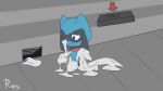  absurd_res air_vent anthro blue_body blue_eyes blue_fur blush blush_lines changed_(video_game) collar fur generation_4_pokemon grey_body grey_fur hi_res latex male nintendo pokemon pokemon_(species) riolu rioni simple_background solo sticky white_latex worried_face worried_look 