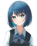  1girl :3 absurdres aqua_eyes black_sweater blue_bow blue_bowtie blue_hair blush bob_cut bow bowtie closed_mouth collared_shirt commentary hair_between_eyes head_tilt highres kurokawa_akane looking_at_viewer medium_hair oshi_no_ko shade shirt signature simple_background smile solo star-shaped_pupils star_(symbol) sweater symbol-shaped_pupils upper_body variant_set white_background white_shirt yusuriru202 