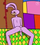  anthro anus balls cclover genitals grin humanoid jax_(the_amazing_digital_circus) lagomorph leporid looking_at_viewer looking_back looking_back_at_viewer male mammal nude penis rabbit smile smiling_at_viewer solo the_amazing_digital_circus 