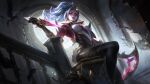  1girl absurdres akali animal bird black_pants breasts closed_mouth crow dagger frown grey_hair highres holding holding_dagger holding_knife holding_scythe holding_weapon indoors jacket knife league_of_legends medium_breasts official_alternate_costume official_art open_clothes open_jacket pants ponytail prestige_coven_akali red_eyes red_jacket scythe sitting solo thorns weapon 