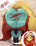  anthro big_butt bunnywhiskerz butt clothing delphox female fur generation_6_pokemon genitals hair hi_res huge_butt nintendo pokemon pokemon_(species) praise_da_booty_(meme) pussy red_hair solo tail tail_aside thick_thighs torn_clothing yellow_body yellow_fur 