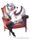  anthro black_nose breasts canid canid_demon chair demon digital_media_(artwork) female full-length_portrait fur furniture genitals grey_body grey_fur grey_tail hair hellhound helluva_boss hi_res inviting kashikomishotta long_hair loona_(helluva_boss) mammal multicolored_body multicolored_fur multicolored_tail navel nipples open_mouth pink_nipples pointy_nipples portrait pussy simple_background small_breasts solo submissive submissive_female tail text white_background white_body white_fur white_tail 
