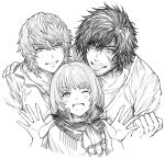  1girl 2boys arm_around_shoulder blush brothers clive_rosfield facial_hair final_fantasy final_fantasy_xvi greyscale grin hair_between_eyes hands_up highres joshua_rosfield lineart long_hair looking_at_viewer medium_hair messy_hair midadol_telamon monochrome multiple_boys one_eye_closed open_mouth parted_lips scar scar_on_cheek scar_on_face shirt siblings sleeveless sleeveless_shirt smile stubble teeth upper_body white_background zanki 