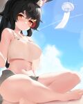  1girl absurdres animal_ear_fluff animal_ears black_hair blue_sky blush breasts hair_ornament highres hololive hololive_gamers large_breasts looking_at_viewer midriff multicolored_hair navel ookami_mio ponytail red_hair see-through see-through_shirt shorts sitting sky smile sweat tank_top underboob white_tank_top wind_chime wolf_ears wolf_girl xiaodong327399 yellow_eyes 