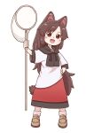  1girl :d animal_ears brown_eyes brown_footwear brown_hair commentary dress full_body hand_on_own_hip imaizumi_kagerou long_hair looking_at_viewer open_mouth poronegi red_dress short_sleeves smile solo standing touhou v-shaped_eyebrows white_dress wolf_ears wolf_girl 