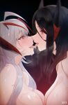  2girls alternate_hair_length alternate_hairstyle antenna_hair arknights black_background black_hair blush breast_press breasts commentary_request completely_nude elsi eye_contact french_kiss from_side gradient_background gradient_hair grey_hair highres horns ines_(arknights) kiss korean_commentary large_breasts looking_at_another multicolored_hair multiple_girls nude open_mouth orange_eyes profile red_background red_eyes red_hair saliva saliva_trail steaming_body symmetrical_docking two-tone_hair upper_body w_(arknights) yuri 