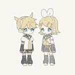  0211nami 1boy 1girl :3 black_shorts blonde_hair blue_eyes bow bowtie detached_leggings detached_sleeves expressionless hair_ribbon headphones kagamine_len kagamine_rin looking_at_another necktie outline ribbon shirt shorts vocaloid white_footwear white_outline white_shirt yellow_background yellow_bow yellow_bowtie yellow_necktie 