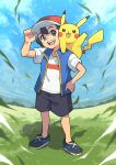  1boy :d absurdres ash_ketchum black_hair brown_eyes cloud commentary_request day falling_leaves grass hand_on_headwear hand_on_hip hand_up hat highres leaf male_focus nakachiruno open_mouth outdoors pikachu pokemon pokemon_(anime) pokemon_(creature) pokemon_journeys red_headwear shirt shoes short_hair short_sleeves shorts sky smile standing t-shirt teeth tongue upper_teeth_only white_shirt 