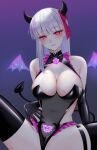  1girl bare_shoulders black_gloves black_leotard black_thighhighs blush breasts cleavage covered_navel demon_girl demon_horns demon_tail demon_wings elbow_gloves fate/grand_order fate_(series) gloves glowing_tattoo grin halloween highleg highleg_leotard horns kama_(fate) large_breasts leotard long_hair looking_at_viewer pubic_tattoo red_eyes smile solo spread_legs tail tattoo thighhighs white_hair wings yumeneko_nyaa 