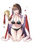  1girl barefoot bikini black_bikini blush breasts brown_hair cape cleavage collarbone commentary_request confetti feet hair_between_eyes hawawa-chan_(shiro_kuma_shake) highres holding_trophy large_breasts navel open_mouth original purple_eyes red_cape shiro_kuma_shake short_hair side-tie_bikini_bottom simple_background smile solo swimsuit tiara trophy white_background 