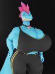  anthro big_breasts blue_eyes bra breasts camel_toe cleavege clothing fallen_angel_(artist) female feraligatr generation_2_pokemon hand_on_hip hi_res looking_at_viewer nintendo pokemon pokemon_(species) simple_background solo sports_bra underwear yuki_(evov1) yukigatr_(evov1) 