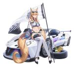  1girl alternate_costume animal_ear_fluff animal_ears arknights bandeau bare_shoulders bikini black_bikini black_footwear blonde_hair breasts car champagne_bottle character_name checkered_flag cleavage clothes_writing clothing_cutout commentary copyright_name cryturtle eyewear_on_head flag gloves half-shrug high_heels highleg highleg_bikini highres horse_ears horse_girl horse_tail jacket kingdom_of_kazimierz_logo lamborghini long_hair microskirt motor_vehicle navel nearl_(arknights) orange_eyes ponytail race_queen shoulder_cutout simple_background sitting_on_car skirt smile solo sports_car stomach sunglasses swimsuit symbol-only_commentary tail thighhighs tire trophy very_long_tail white_background white_bandeau white_car white_gloves white_jacket white_skirt white_thighhighs 
