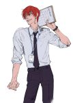  1boy black_necktie black_pants clipboard cowboy_shot highres hisoka_morow hong_3740 hunter_x_hunter looking_to_the_side male_focus name_tag necktie pants red_hair short_hair simple_background sleeves_rolled_up solo watch white_background wristwatch yellow_eyes 