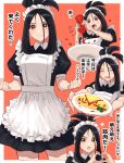  1girl :d alternate_costume apron black_dress black_hair border bottle clenched_hands closed_eyes closed_mouth commentary_request dendra_(pokemon) dress enmaided eyelashes food frills heart heart_hands highres holding holding_bottle holding_plate ketchup_bottle looking_at_viewer maid maid_headdress multiple_views omelet omurice open_mouth orange_background plate pokemon pokemon_(game) pokemon_sv short_sleeves smile sparkle translation_request umi_meteo white_apron white_border 