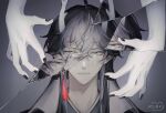  1boy absurdres artist_name black_hair black_nails broken_glass closed_mouth crying crying_with_eyes_open dan_heng_(honkai:_star_rail) dan_heng_(imbibitor_lunae)_(honkai:_star_rail) dragon_horns earrings fingernails glass grey_background grey_eyes hair_between_eyes highres honkai:_star_rail honkai_(series) horns jewelry long_hair looking_at_viewer male_focus nail_polish pointy_ears sidelocks simple_background single_earring solo tassel tassel_earrings tears tuofu upper_body 