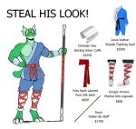  2023 3_toes 5_fingers 60percentscalie anthro blue_clothing bo_staff clothed clothing derp_eyes expensive fashion feet fingers green_body green_scales green_skin gucci hand_on_hip hi_res male martial_arts_uniform meme muscular muscular_anthro muscular_male price red_belt reptile scales scalie simple_background solo sportswear staff standing toes white_background yellow_eyes 