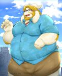  2023 96panda absurd_res anthro asgore_dreemurr belly big_belly blush bottomwear bovid bovine canid canine clothing cloud duo eyewear glasses hi_res humanoid_hands kemono male mammal outside shirt shorts topwear undertale_(series) white_body 