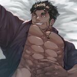  1boy abs bara bare_pectorals beard_stubble bottomless dagon_(housamo) dark-skinned_male dark_skin fins fish_boy grey_hair groin jewelry large_pectorals long_sideburns lying male_focus mature_male muscular muscular_male mustache_stubble necklace noramoso on_back open_clothes open_shirt out-of-frame_censoring pectorals purple_shirt seductive_smile selfie sharp_teeth shirt short_hair sideburns slit_pupils smile solo stomach teeth thick_eyebrows tokyo_afterschool_summoners 