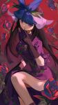  1girl absurdres black_gloves black_hair china_dress chinese_clothes daedalu dress flower gloves highres long_hair open_mouth plant purple_dress purple_eyes purple_flower short_sleeves smile solo touhou unfinished_dream_of_all_living_ghost vines yomotsu_hisami 