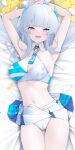 1girl absurdres arm_up armpits arms_up bare_shoulders bed_sheet blue_archive blue_hair blue_necktie blunt_bangs blush breasts cameltoe cheerleader cleavage crop_top dakimakura_(medium) hair_ornament highres large_breasts long_hair looking_at_viewer lying midriff millennium_cheerleader_outfit_(blue_archive) miniskirt navel necktie noa_(blue_archive) on_back open_mouth panties pleated_skirt pom_pom_(cheerleading) purple_eyes shirt sidelocks skirt sleeveless smile solo stomach thighs underwear white_panties white_skirt z.taiga 