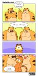  absurd_res age_difference anthro belly breasts chubby_anthro chubby_male comic dialogue english_text father_(lore) father_and_child_(lore) father_and_son_(lore) felid fur garfield_(series) garfield_the_cat group hi_res male male/male mammal not_denko nude open_mouth orange_body orange_fur parent_(lore) parent_and_child_(lore) parent_and_son_(lore) rubbing simple_background size_difference smile son_(lore) speech_bubble striped_body stripes text trio vic_(garfield) 