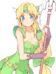  1girl :o armor blonde_hair blue_eyes bow breasts bridal_gauntlets cleavage collarbone cowboy_shot crystal dress green_bow green_dress hair_bow hair_intakes hair_ornament hand_up highres holding holding_staff leaning_forward light_blush long_hair low-tied_long_hair nokita_(pinmisil) open_mouth parted_bangs pauldrons raised_eyebrows riesz seiken_densetsu seiken_densetsu_3 shoulder_armor sidelocks simple_background small_breasts solo staff very_long_hair white_background 