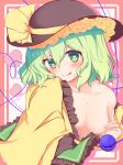 1girl :q absurdres black_headwear blouse blush border bow breasts bright_pupils covering_nipples eyeball flower frilled_shirt_collar frilled_sleeves frills green_eyes green_hair hat hat_bow heart heart-shaped_pupils heart_of_string highres komeiji_koishi licking_lips long_sleeves looking_at_viewer off_shoulder ohako_miyu open_clothes open_shirt pink_border rose rounded_corners shirt short_hair small_breasts solo string sweat sweatdrop symbol-shaped_pupils third_eye tongue tongue_out touhou upper_body white_background wide_sleeves yellow_bow yellow_flower yellow_rose yellow_shirt 