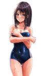  1girl black_hair blue_one-piece_swimsuit breasts brown_eyes clothes_pull commentary_request competition_school_swimsuit cowboy_shot crossed_arms duplicate highres medium_breasts medium_hair one-piece_swimsuit one-piece_swimsuit_pull original pixel-perfect_duplicate school_swimsuit simple_background solo standing swimsuit thigh_gap wet wet_clothes wet_swimsuit white_background yukemuriganmo 