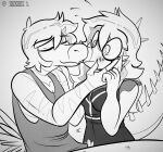  anthro aquilops blush caressing caressing_face clothing dinosaur dromaeosaurid duo eyes_closed feathered_tail feathers female goodbye_volcano_high hair kiss_on_lips kissing long_hair male monochrome reed_(gvh) reptile rosa_(gvh) scalie seven_(artist) snoot_game_(fan_game) spiked_tail spikes spikes_(anatomy) tail theropod translucent translucent_clothing velociraptor wide_eyed 
