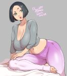  1girl agawa_ryou bed_sheet black_hair bob_cut breasts cleavage commentary dated english_commentary heel-less_legwear large_breasts midriff navel original pants short_hair signature simple_background solo toeless_legwear yoga_pants 