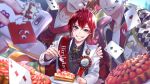  3boys black_eyes cake card cater_diamond closed_eyes food game_cg grimace head_out_of_frame highres holding holding_phone jacket looking_at_viewer multiple_boys official_art open_mouth orange_hair phone playing_card red_hair riddle_rosehearts trey_clover twisted_wonderland white_jacket 