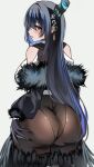  1girl absurdres ass ass_focus bare_shoulders black_hair blue_hair blush fur_trim gloves hair_between_eyes haruka_ayane highres holoadvent hololive hololive_english horns huge_ass long_hair multicolored_hair nerissa_ravencroft red_eyes solo two-tone_hair virtual_youtuber 