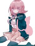  1girl backpack bag breasts brown_hair brown_skirt collared_shirt danganronpa_(series) danganronpa_2:_goodbye_despair flipped_hair galaga gorota_ko_pan green_thighhighs hair_ornament hand_up highres hood jacket large_breasts long_sleeves looking_at_viewer medium_hair nanami_chiaki neck_ribbon no_shoes pink_bag pink_eyes pleated_skirt ribbon shirt sitting sketch skirt solo thighhighs white_background white_shirt 