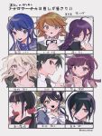  4boys 5girls :d :o ahoge bell black_hair black_ribbon black_sailor_collar blue_eyes blue_hair blue_sailor_collar blush braid brown_eyes brown_hair chabashira_tenko choker collarbone collared_shirt danganronpa:_trigger_happy_havoc danganronpa_(series) danganronpa_2:_goodbye_despair danganronpa_v3:_killing_harmony finger_to_mouth fujisaki_chihiro fukawa_toko fukutsu_mushiba glasses green_eyes green_necktie grey_hair hair_between_eyes hair_ornament hair_scrunchie hairclip hands_up harukawa_maki highres hinata_hajime komaeda_nagito light_brown_hair long_hair looking_at_viewer maizono_sayaka mole mole_under_eye mole_under_mouth multiple_boys multiple_girls neck_bell neck_ribbon necktie pink_choker pink_shirt puffy_short_sleeves puffy_sleeves purple_hair red_scrunchie ribbon round_eyewear saihara_shuichi sailor_collar scrunchie shirt short_hair short_sleeves smile teeth translation_request tsumiki_mikan twin_braids twintails upper_teeth_only white_background white_shirt 