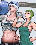  2girls abs armpits ayaki_d bottle breasts drinking english_text foo_fighters green_hair hand_on_own_hip hat height_difference highres jojo_no_kimyou_na_bouken large_breasts multiple_girls muscular muscular_female original overalls shirt size_difference stone_ocean tied_shirt topned twitter water_bottle wet wet_clothes white_hair 
