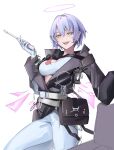  1girl :d absurdres arknights belt belt_pouch black_jacket breasts cleavage cowboy_shot detached_wings earrings energy_wings gloves gun halo highres holding holding_gun holding_weapon jacket jewelry khrnnfz large_breasts long_sleeves looking_at_viewer open_clothes open_jacket open_mouth pants pouch purple_eyes purple_hair short_hair simple_background smile solo sports_bra spuria_(arknights) teeth upper_teeth_only weapon white_background white_gloves white_pants white_sports_bra wings 