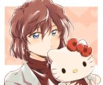  1girl blue_eyes bow brown_hair commentary_request crossover haibara_ai hello_kitty hello_kitty_(character) holding holding_stuffed_toy light_blush looking_at_viewer meitantei_conan red_bow sasano-01 short_hair stuffed_animal stuffed_cat stuffed_toy sweater turtleneck turtleneck_sweater 