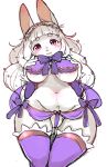  2023 accessory anthro barely_visible_genitalia blush blush_lines bow_ribbon breasts clothed clothing digital_media_(artwork) female front_view fur genitals hair hair_accessory hand_on_own_breast hi_res kemono lagomorph legwear leporid long_ears long_hair looking_at_viewer mammal navel open_mouth partially_clothed pink_eyes purple_clothing pussy pussy_floss rabbit setouchi_kurage simple_background solo standing stockings thick_thighs white_body white_fur white_hair 