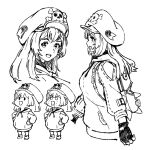  2girls bare_shoulders cabbie_hat clothed_robot fingerless_gloves gloves guilty_gear guilty_gear_strive hat hat_ornament humanoid_robot long_hair looking_at_viewer may_(guilty_gear) mori_no_yousei multiple_girls multiple_views object_through_head open_mouth robo-may robot screw_in_head skull_and_crossbones skull_hat_ornament 